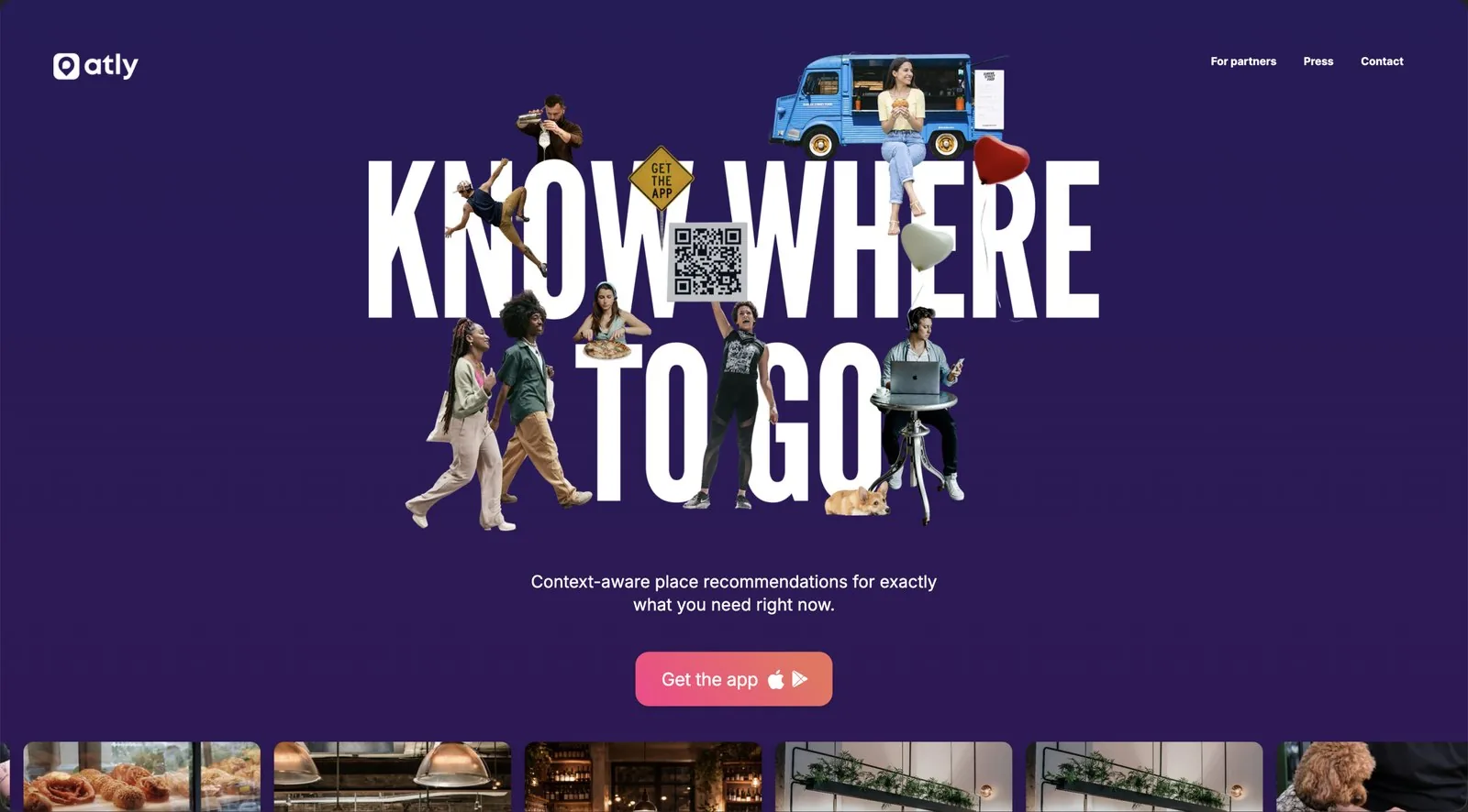 Atly brand landing: Know where to go, big-type collage over a purple field