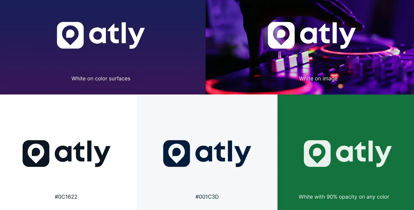 Atly logo on colour, on image, and in single-colour variants