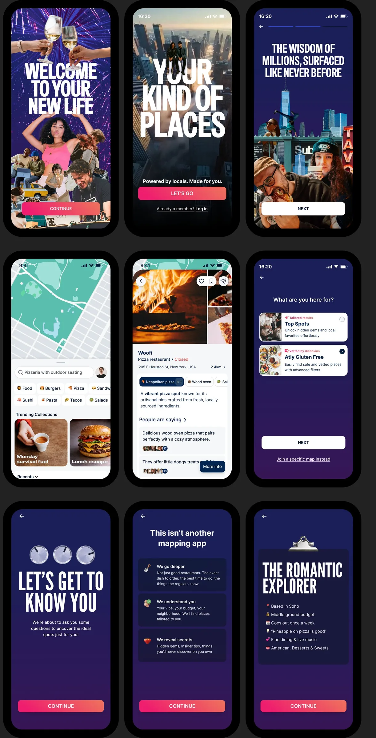 Atly product screens: onboarding in the brand voice, then map and place views in the neutral interface palette