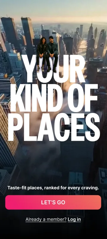 Atly welcome screen: Your Kind Of Places in condensed type over an aerial city photo, Taste-fit places, ranked for every craving, and a Let's go button.