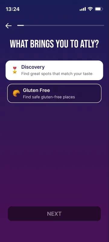 Onboarding question: What brings you to Atly? Two options, Discovery, find great spots that match your taste, and Gluten Free, find safe gluten-free places.