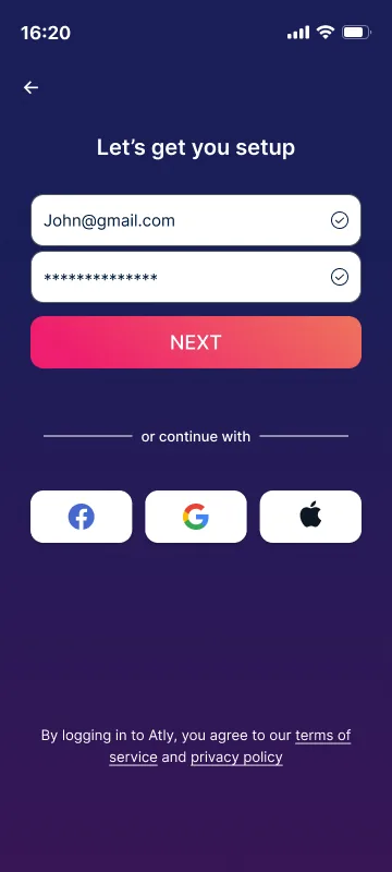 Account setup: Let's get you setup, with email and password fields and sign-in with Facebook, Google or Apple.