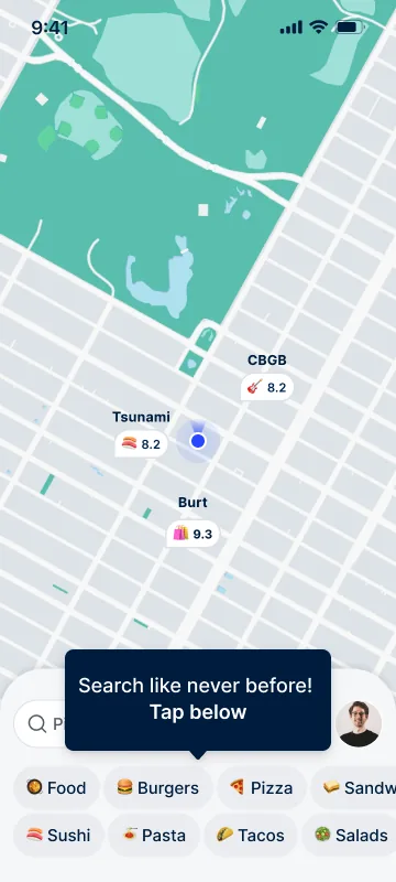 First-run tutorial on the map: Search like never before! Tap below, pointing at the search bar and category chips.