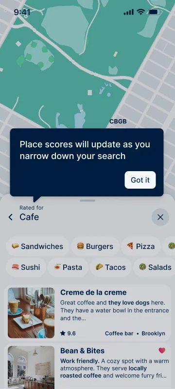 Tutorial step: Place scores will update as you narrow down your search, over results rated for Cafe.
