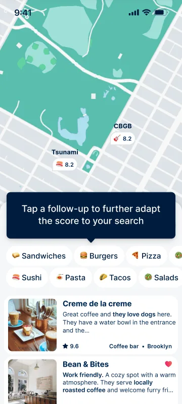 Tutorial step: Tap a follow-up to further adapt the score to your search, pointing at the follow-up chips.