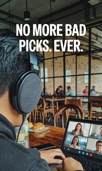 Paywall photo: a man in headphones on a video call in a cafe.