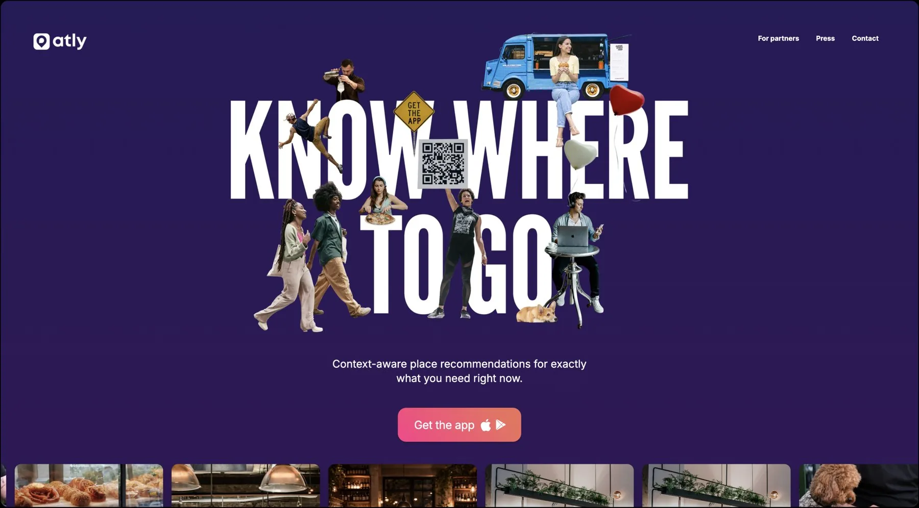 Atly.com hero at laptop size: the words Know Where To Go built from a photographic collage of people, food and city moments, over a deep aubergine field.