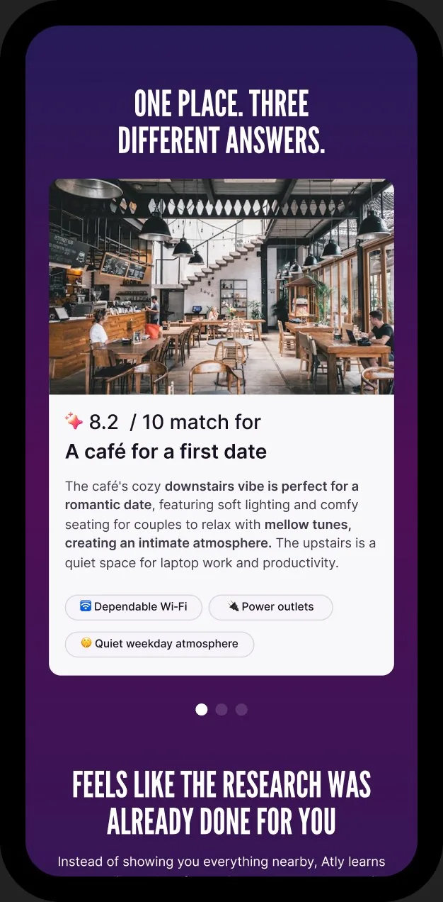 The same cafe scored 8.2 out of 10 for a first date, with the evidence shifted again.