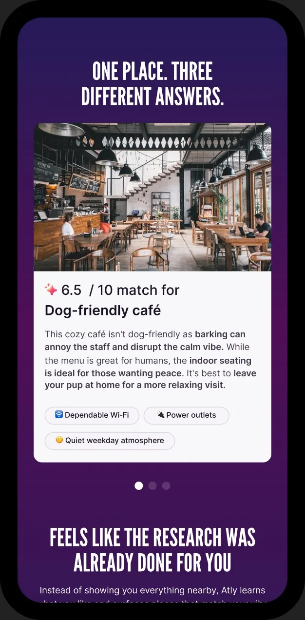 Atly on a phone: the same cafe scored 6.5 out of 10 for a dog-friendly visit, with the reasons listed underneath.