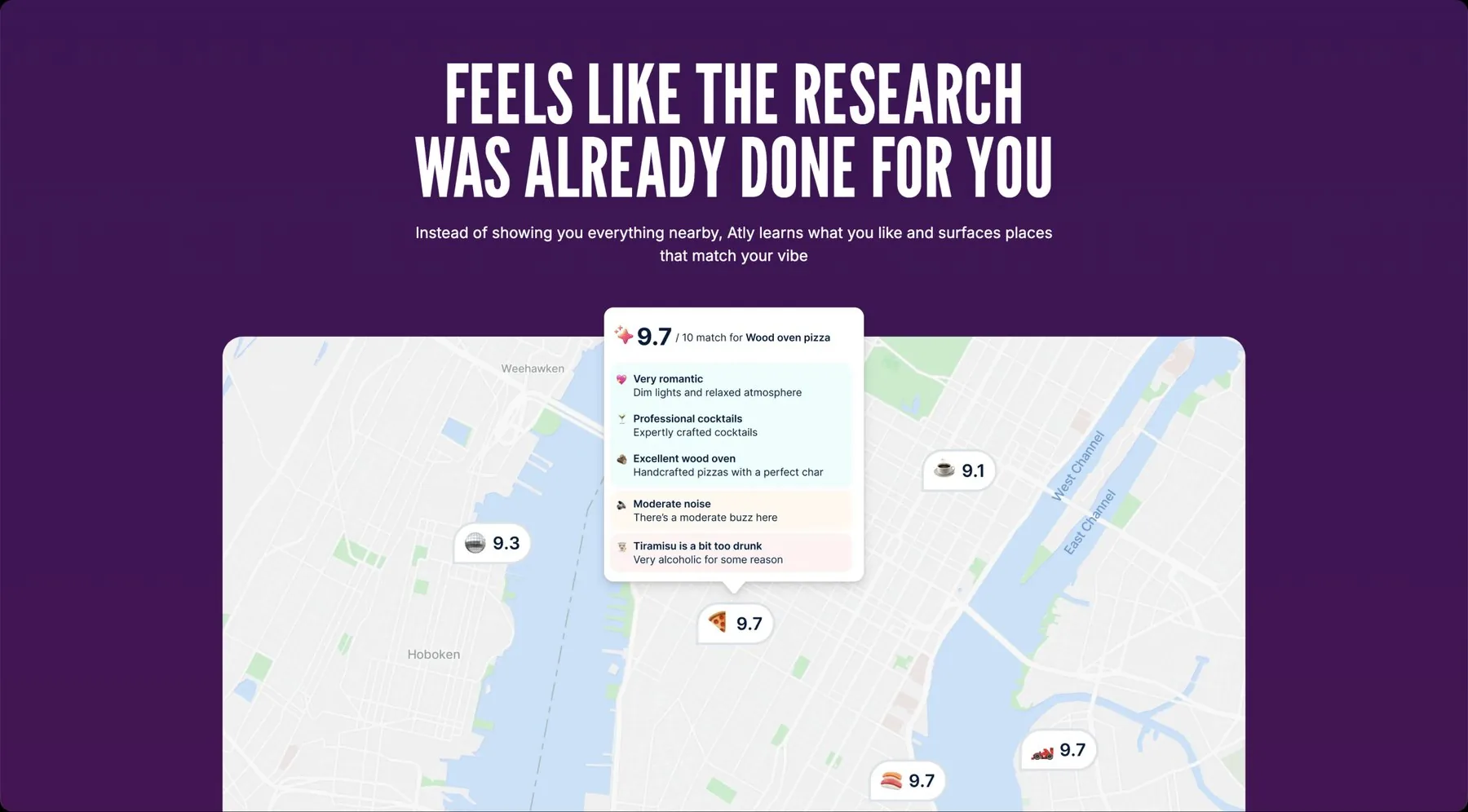 The recommendation engine on a laptop: a map of New York where every pin carries a match score for the current search, with one card opened to show its reasons.