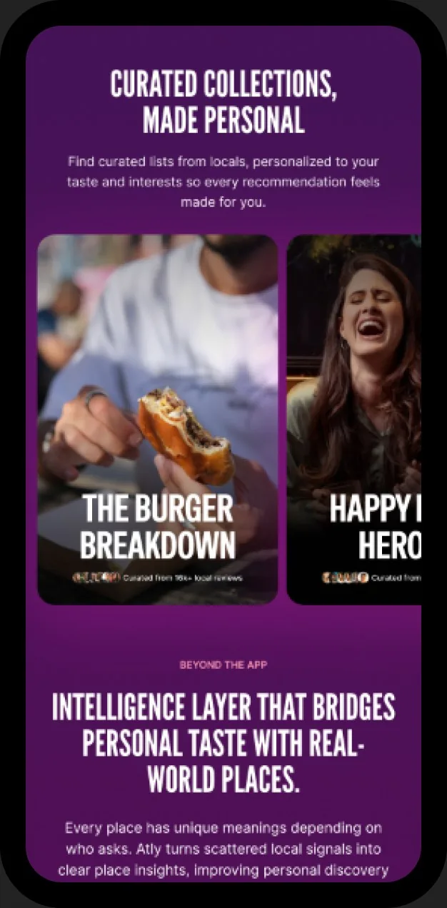 Curated collections on a phone: locally made lists such as The Burger Breakdown, personalised to taste.