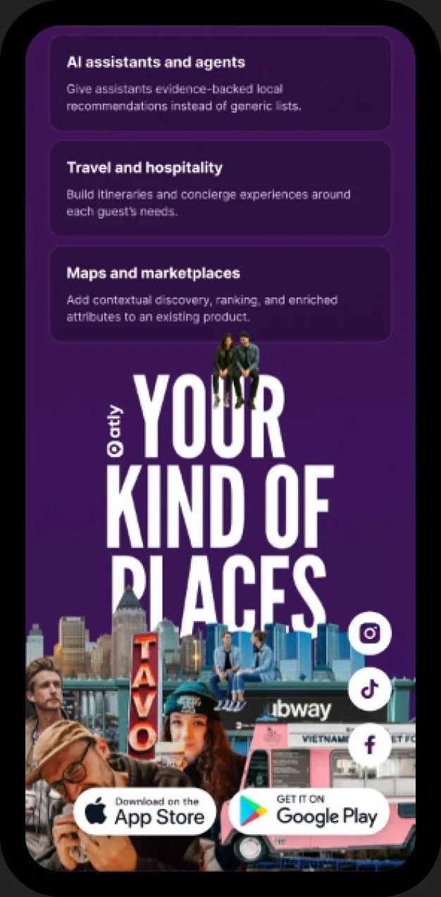 The closing screen on a phone: partner use cases above the Your Kind Of Places brand note and the app store links.