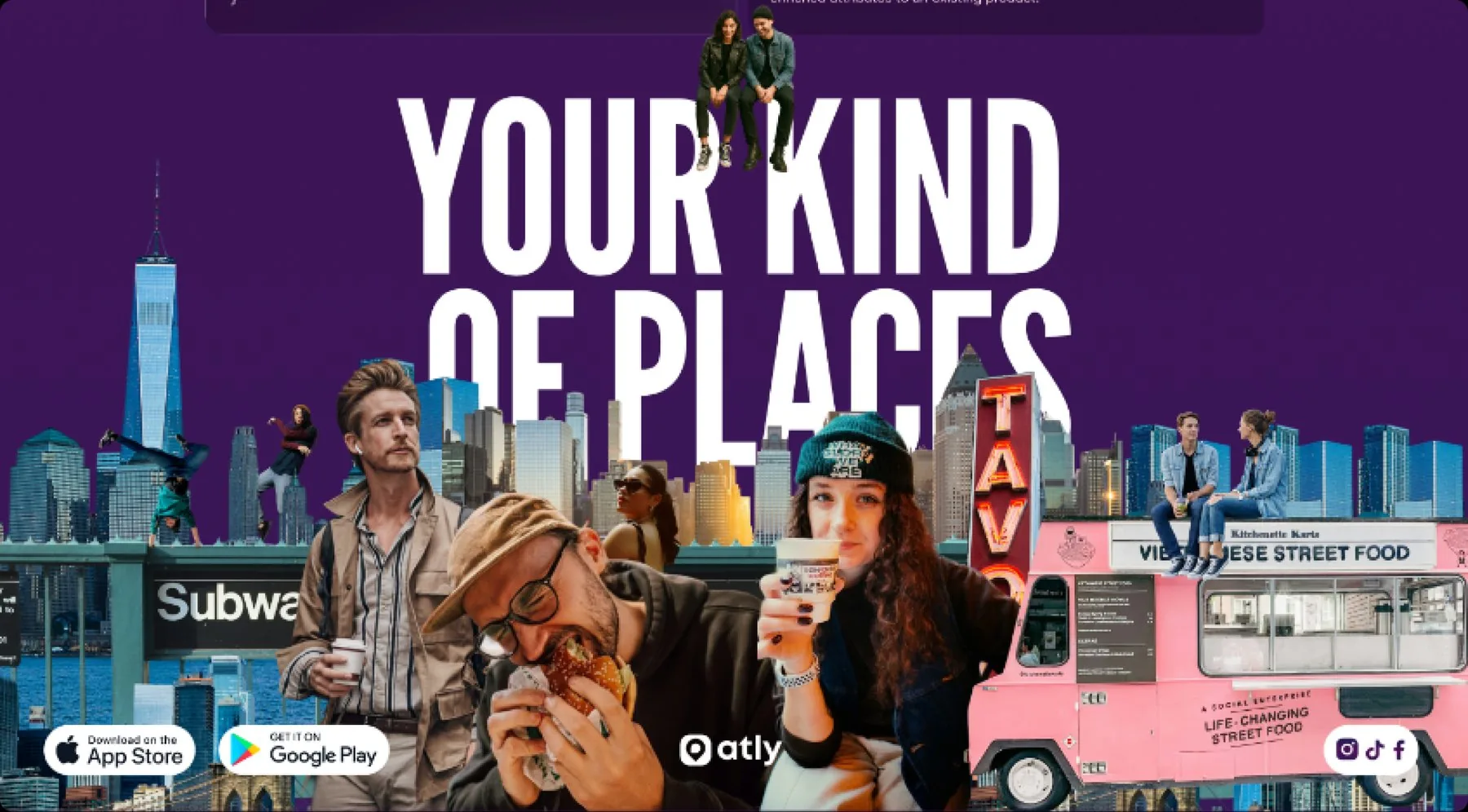 The closing brand note on a laptop: Your Kind Of Places set over a New York collage of people eating, drinking and moving through the city.