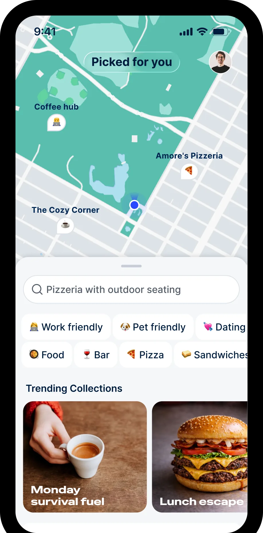 Atly home screen: map with picked places, search bar with intent chips, and trending collections
