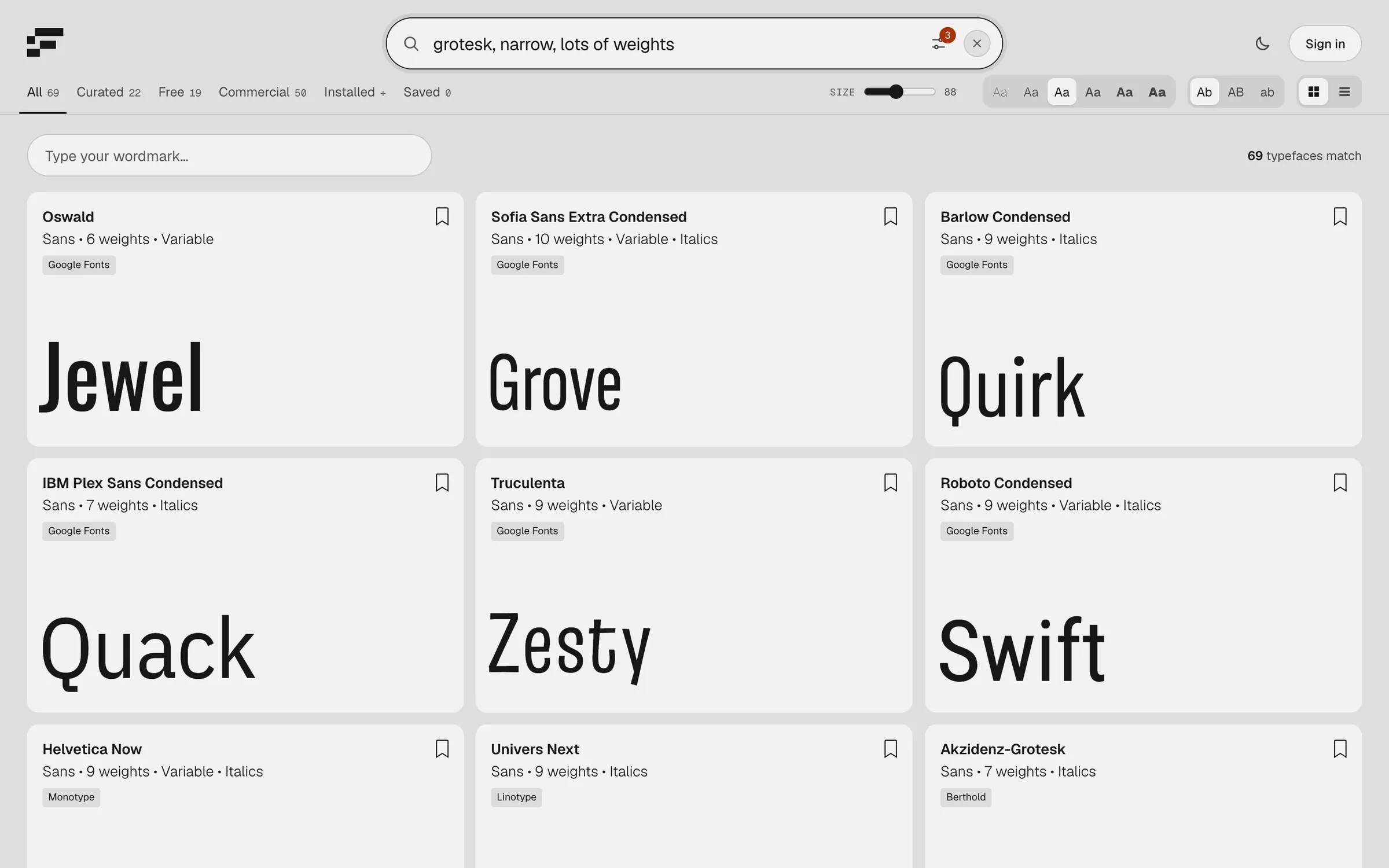 Searching for grotesk, narrow, lots of weights: 69 condensed sans serifs, led by Oswald, Sofia Sans Extra Condensed and Barlow Condensed