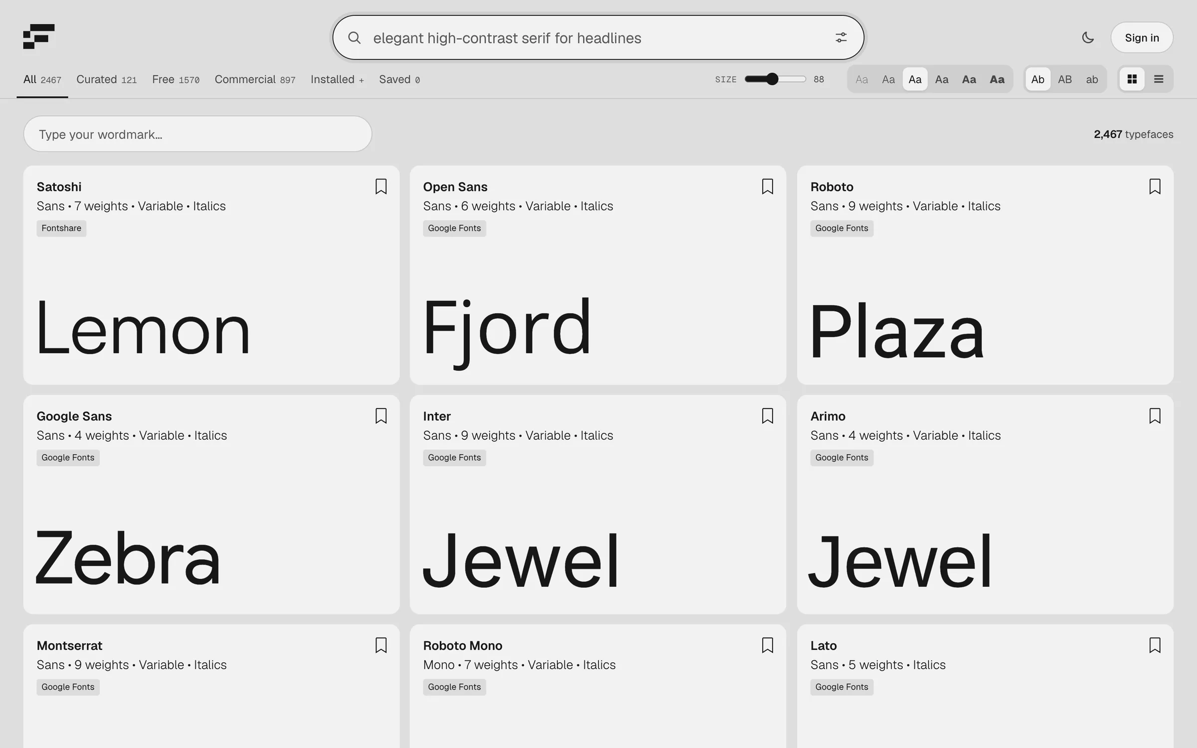 Fontier home: the search field above a grid of 2,467 typefaces, each card showing its name, weights, source and a sample word