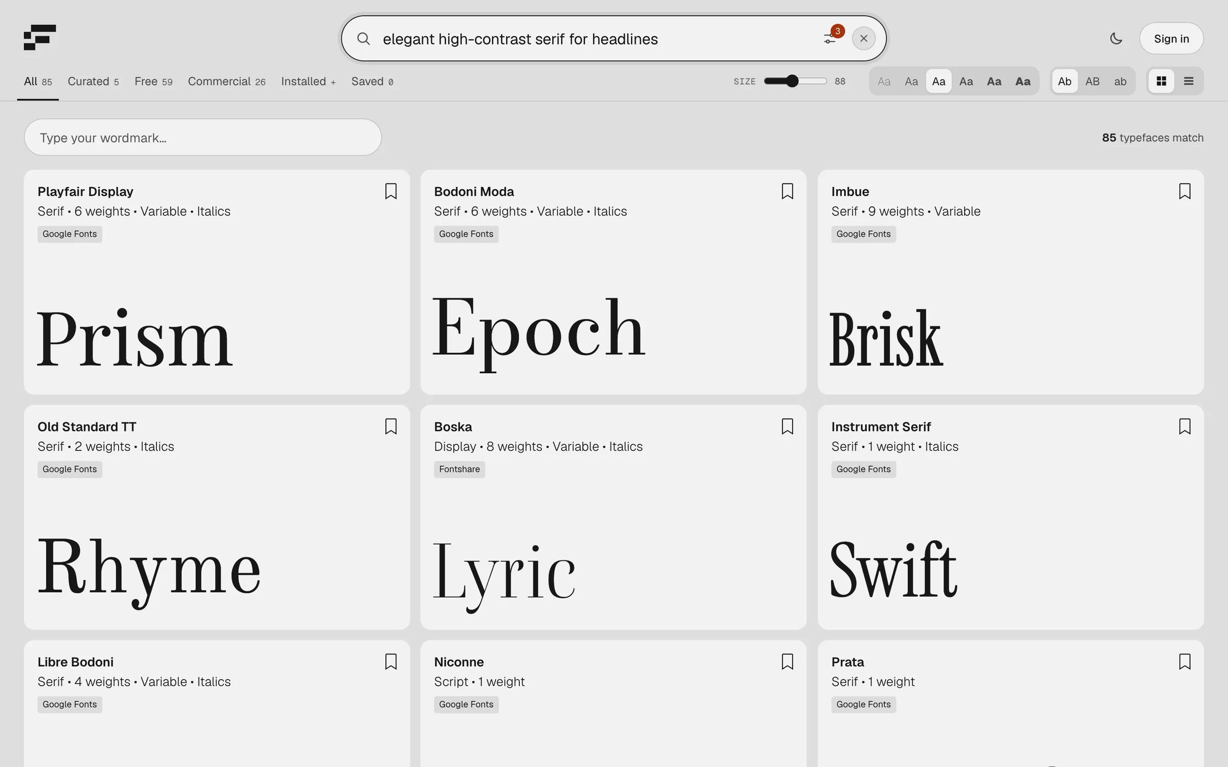 Searching for elegant high-contrast serif for headlines: Playfair Display, Bodoni Moda and Imbue