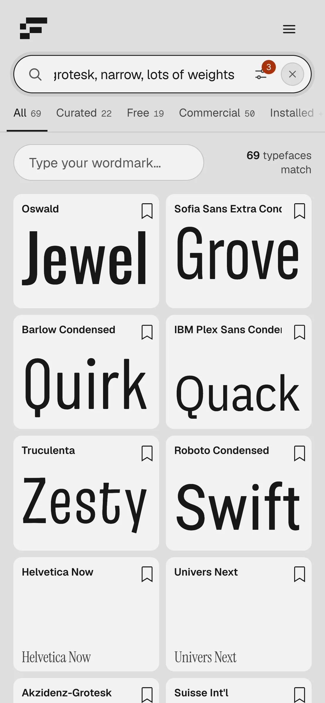 Phone layout: results for grotesk, narrow, lots of weights