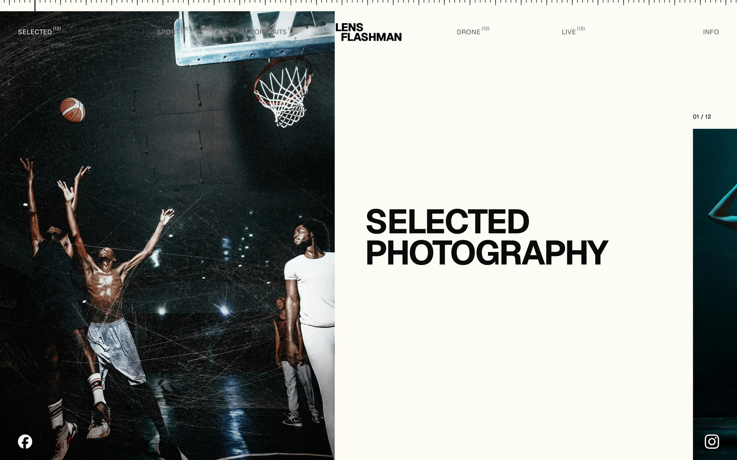 Lens Flashman home: a full-height cover photo beside the title Selected photography, under a ruler and a centred wordmark