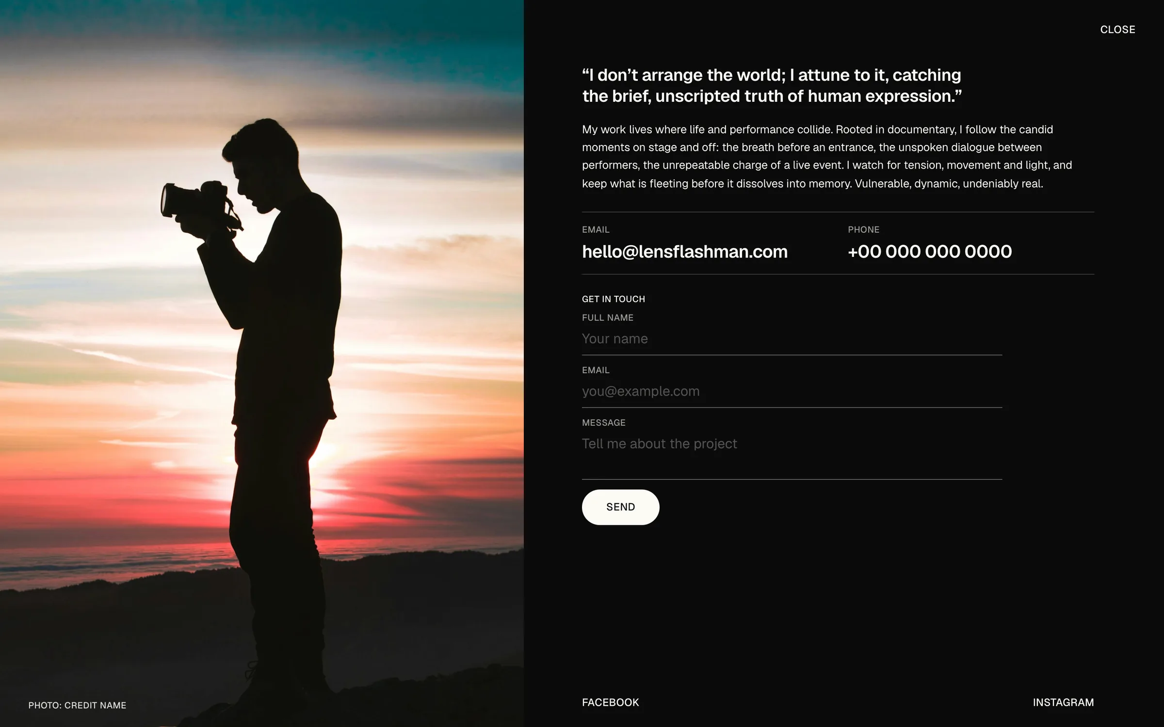 The Info page: a silhouetted photographer on the left, a quote, contact details and a contact form on the right