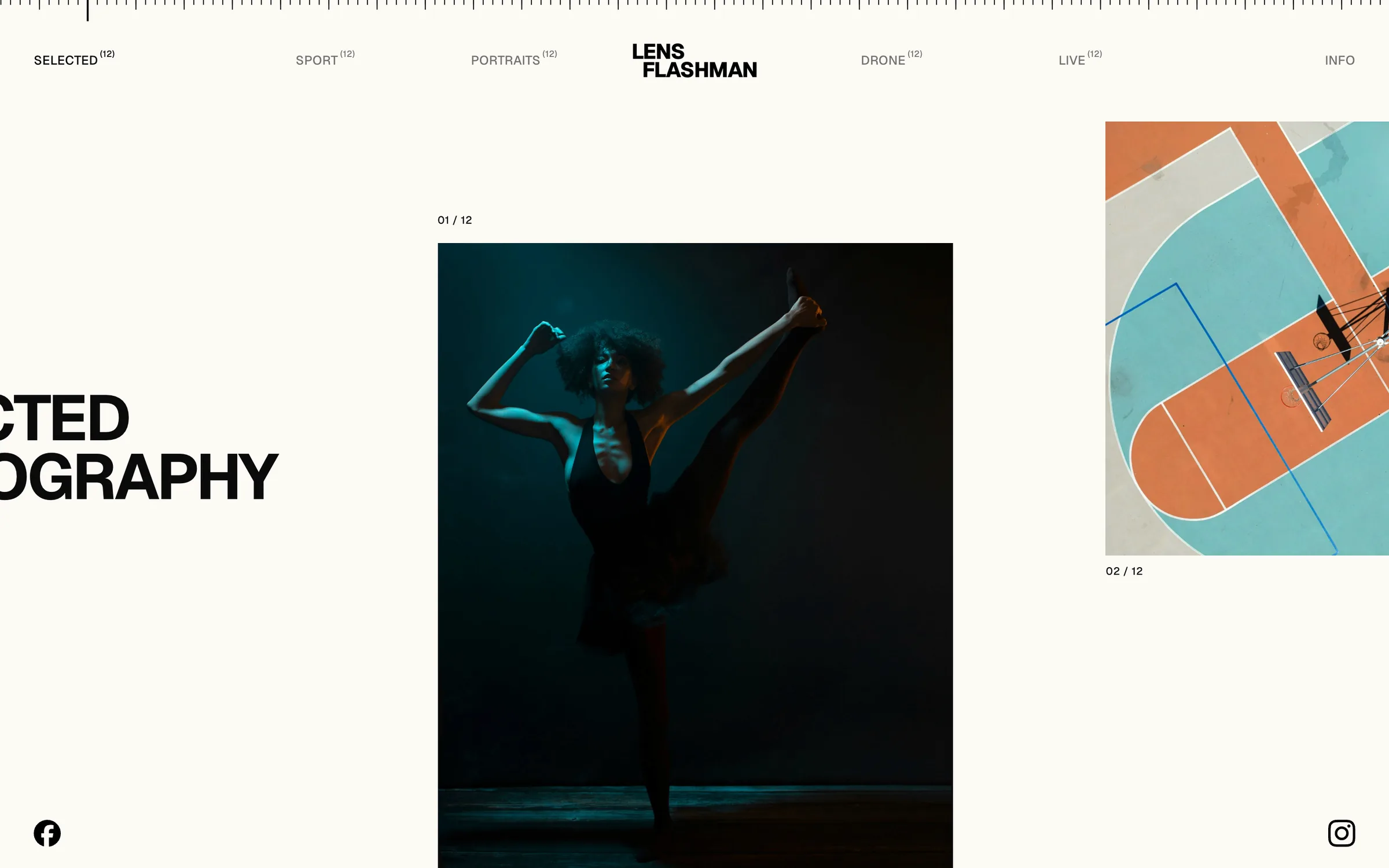 The gallery track: a tall portrait frame followed by a square aerial of a basketball court
