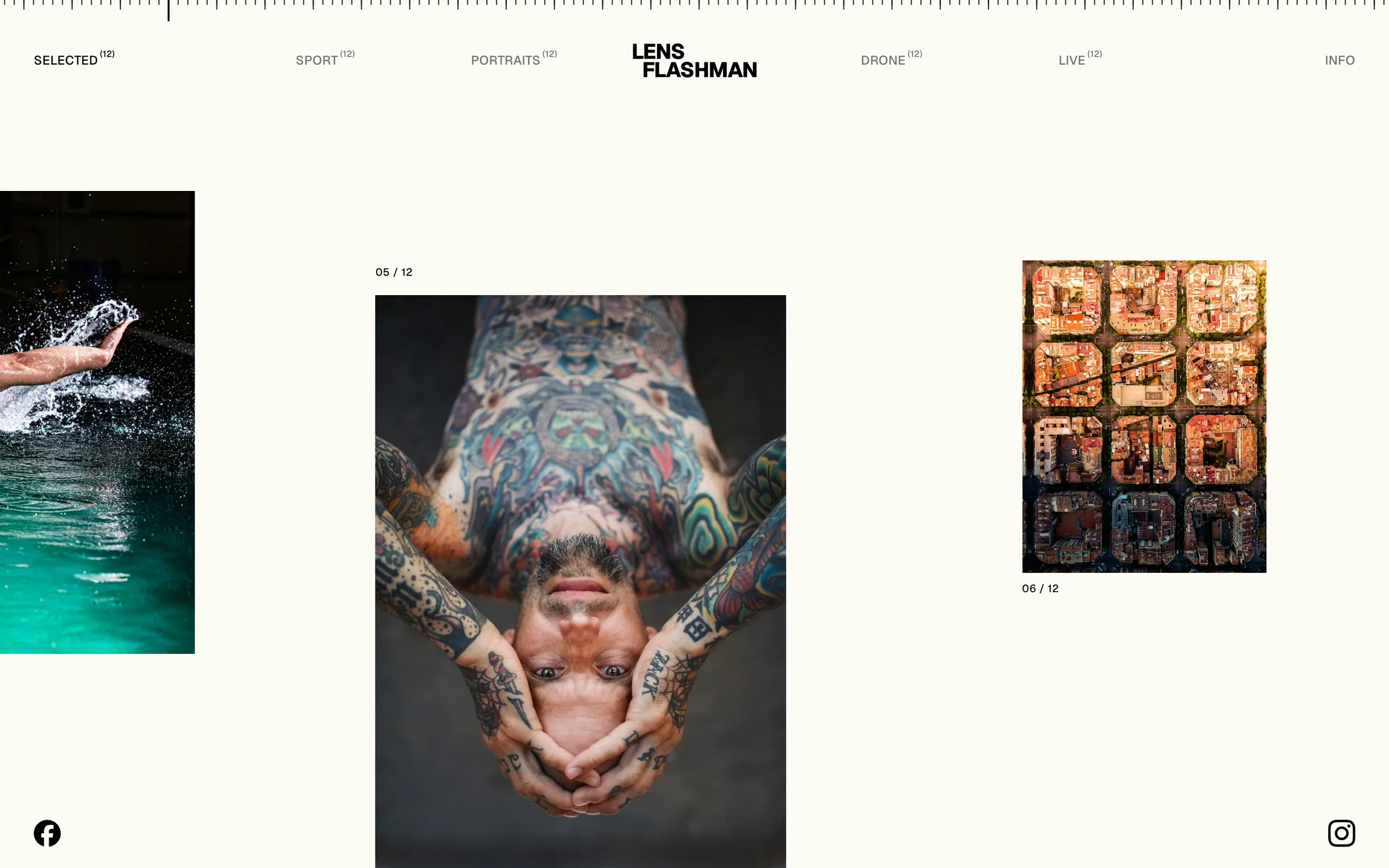 A tattooed portrait beside an aerial of city blocks, each with its counter