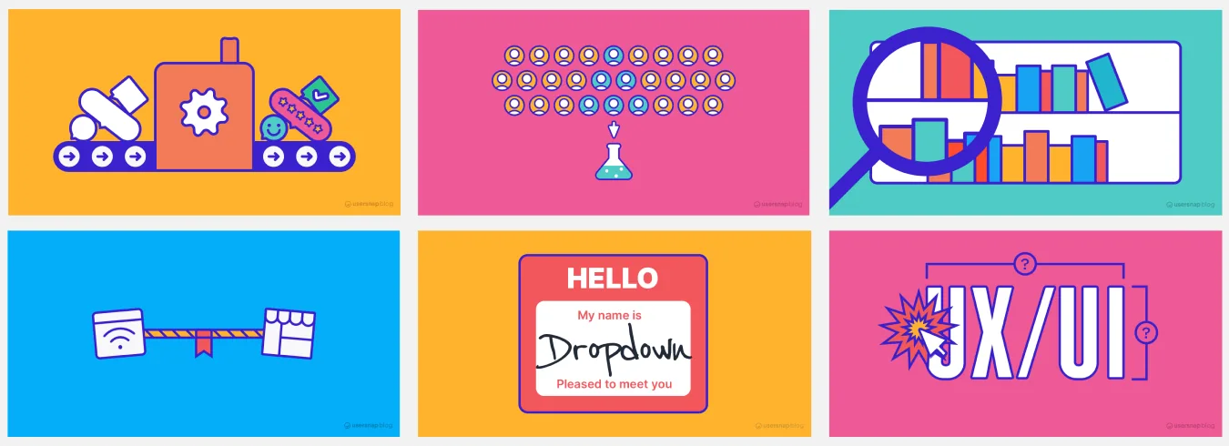 Six blog illustrations on flat colour fields: a conveyor belt with a gear, a crowd of user icons funnelled into a flask, a magnifying glass over a bar chart, a seesaw between a browser and a shop, a Hello my name is Dropdown name tag, and the letters UX/UI with a cursor.