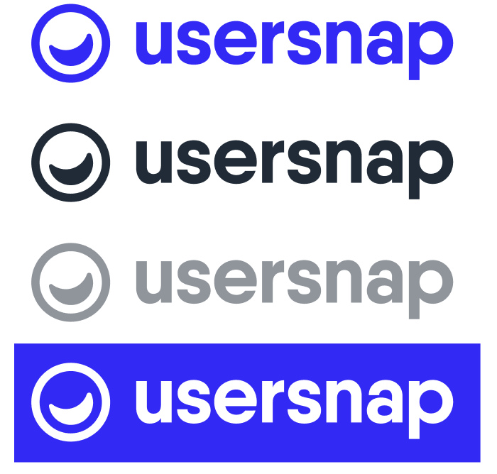 The four colour variations of the Usersnap logo: blue, black, grey, and white on a blue field.
