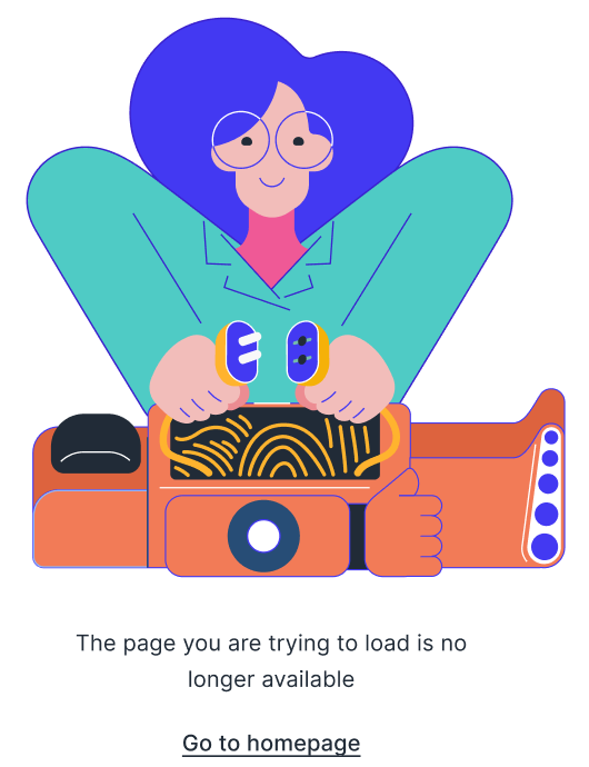 A product illustration for a 404 page: a woman with blue hair and round glasses holding a camera, drawn with blue outlines in teal, coral and pink.