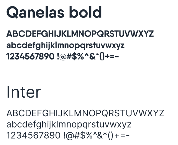 Type specimens: Qanelas bold and Inter, each with the alphabet in upper and lower case and the numerals.