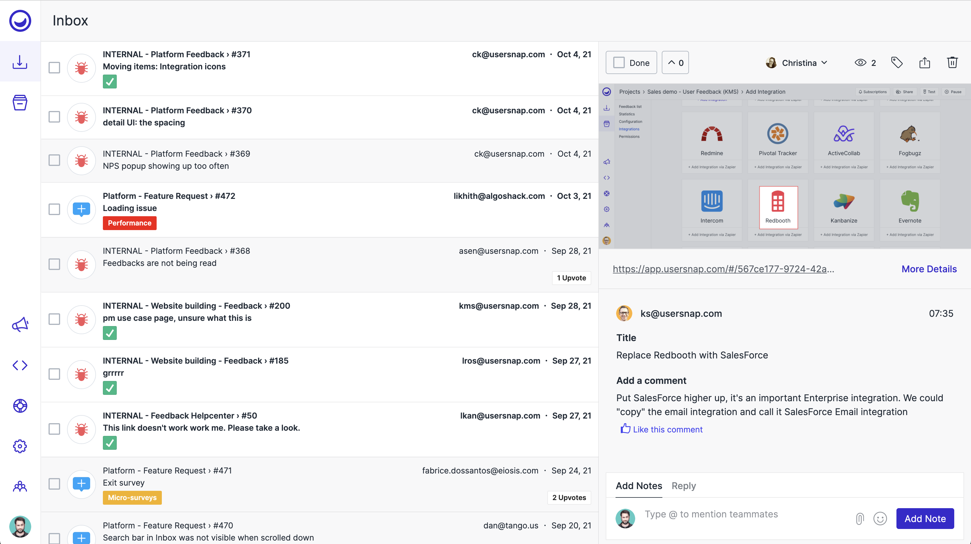 Usersnap updated dashboard, inbox view