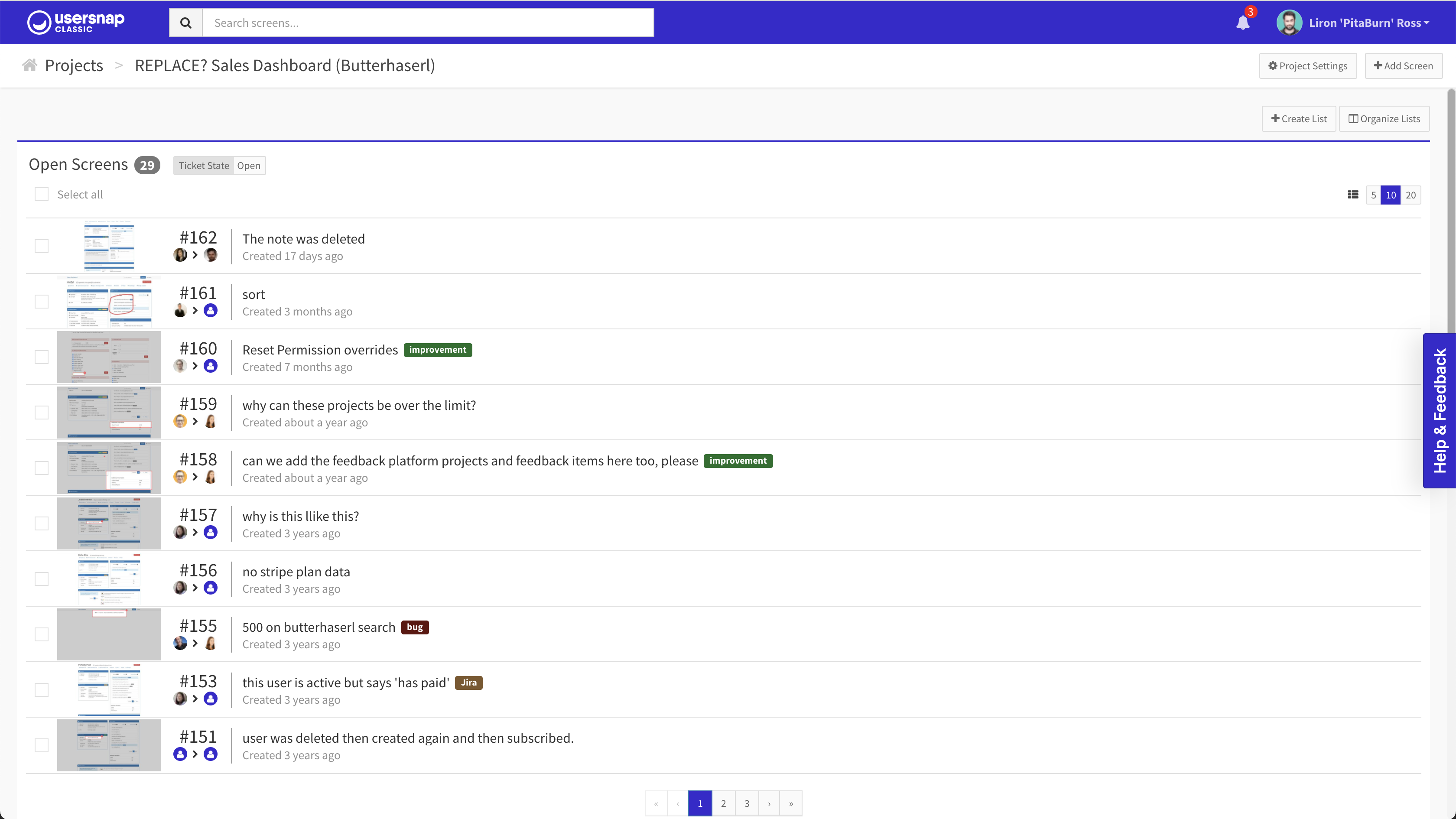 Usersnap old dashboard, feedback list view